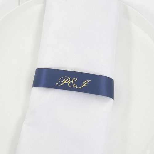 Navy and gold napkin ribbons with monogram P&I