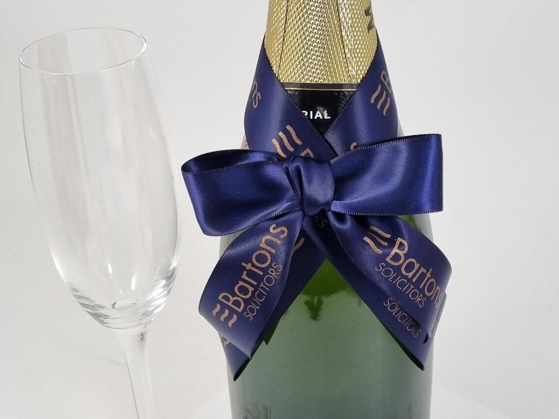 Navy blue and gold printed personalised bows with logo for bottles