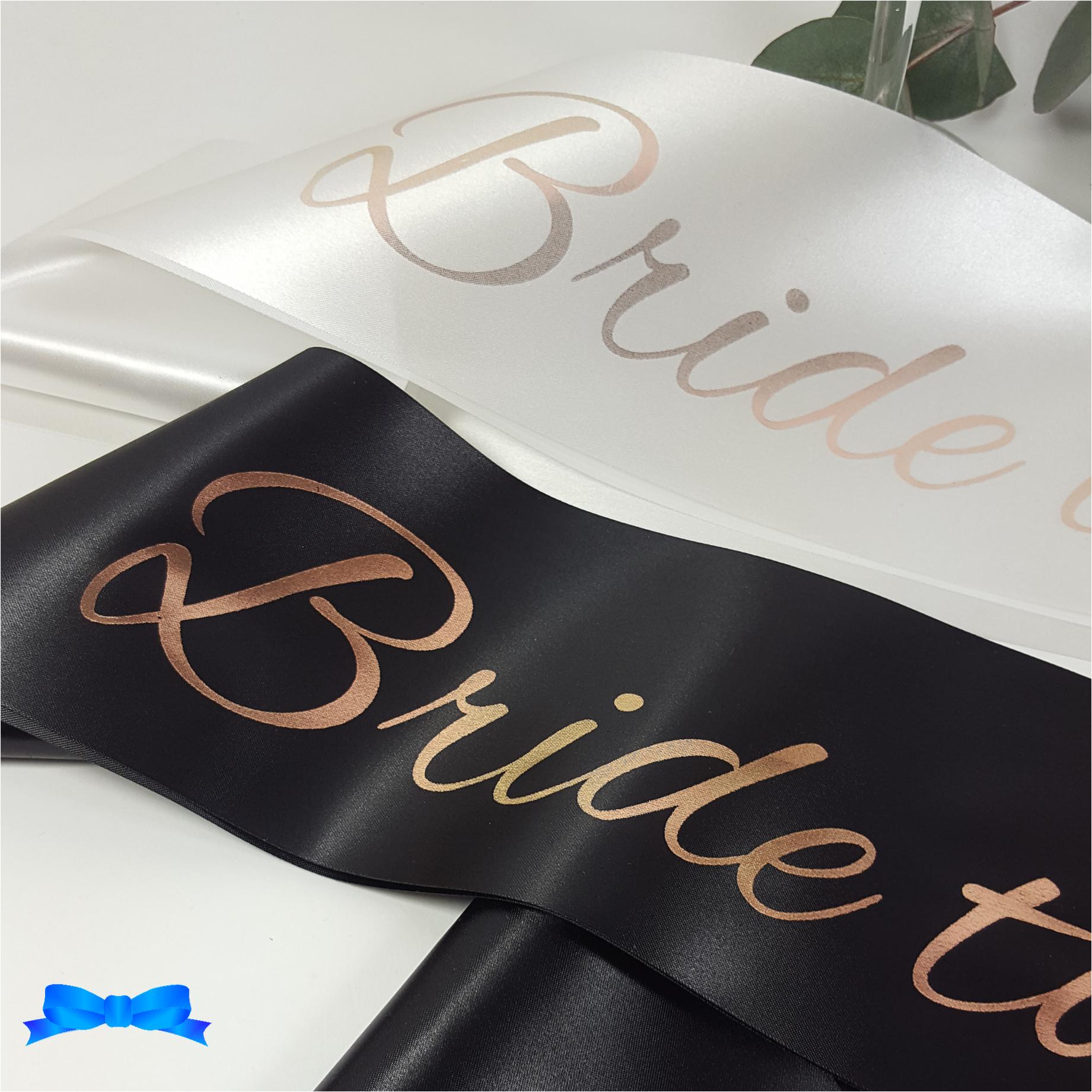 Black and white bride to be sash with rose gold print