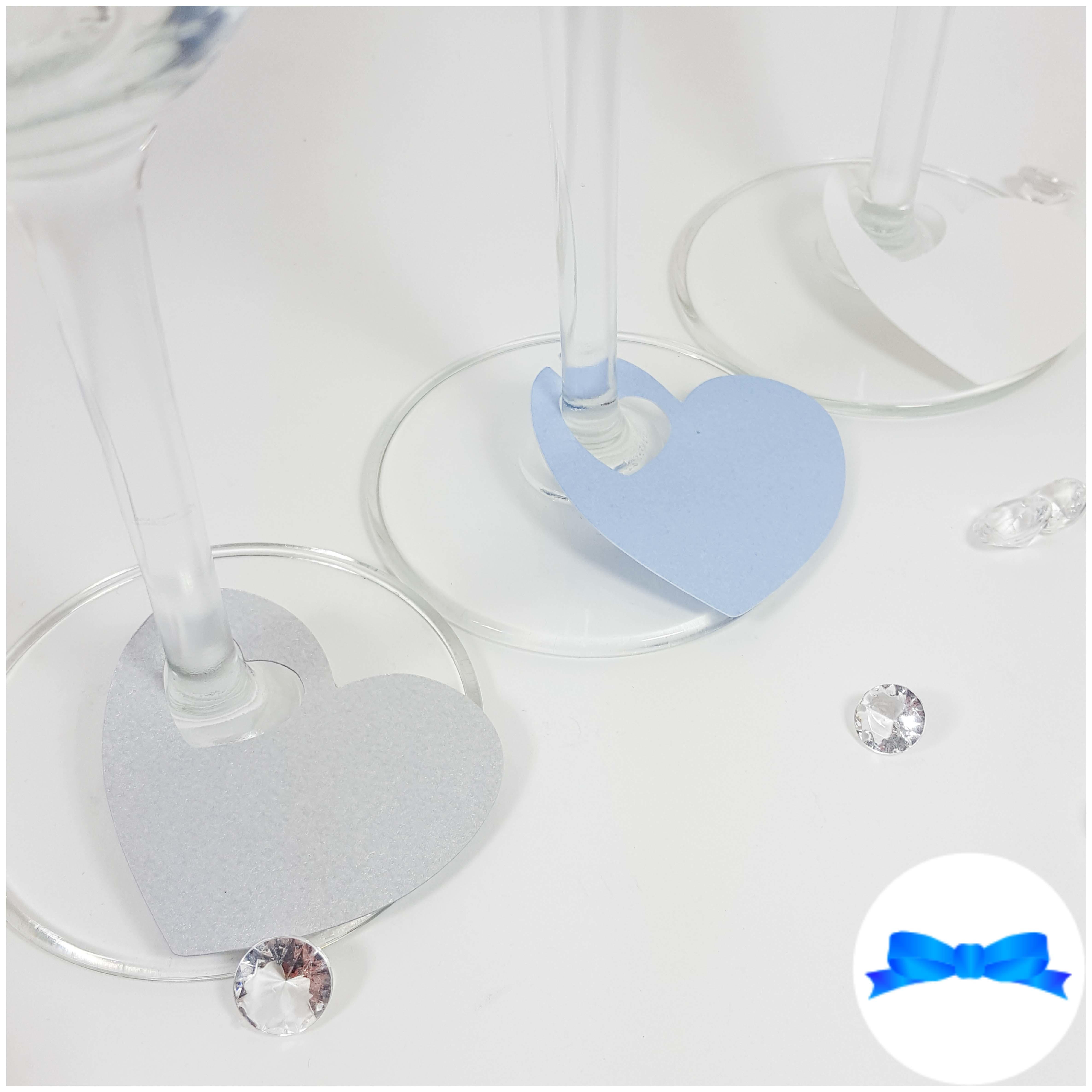 Silver and blue wine glass card heart stem labels