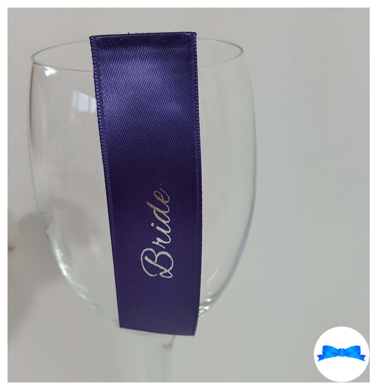 Guest name wine glass ribbons purple and silver