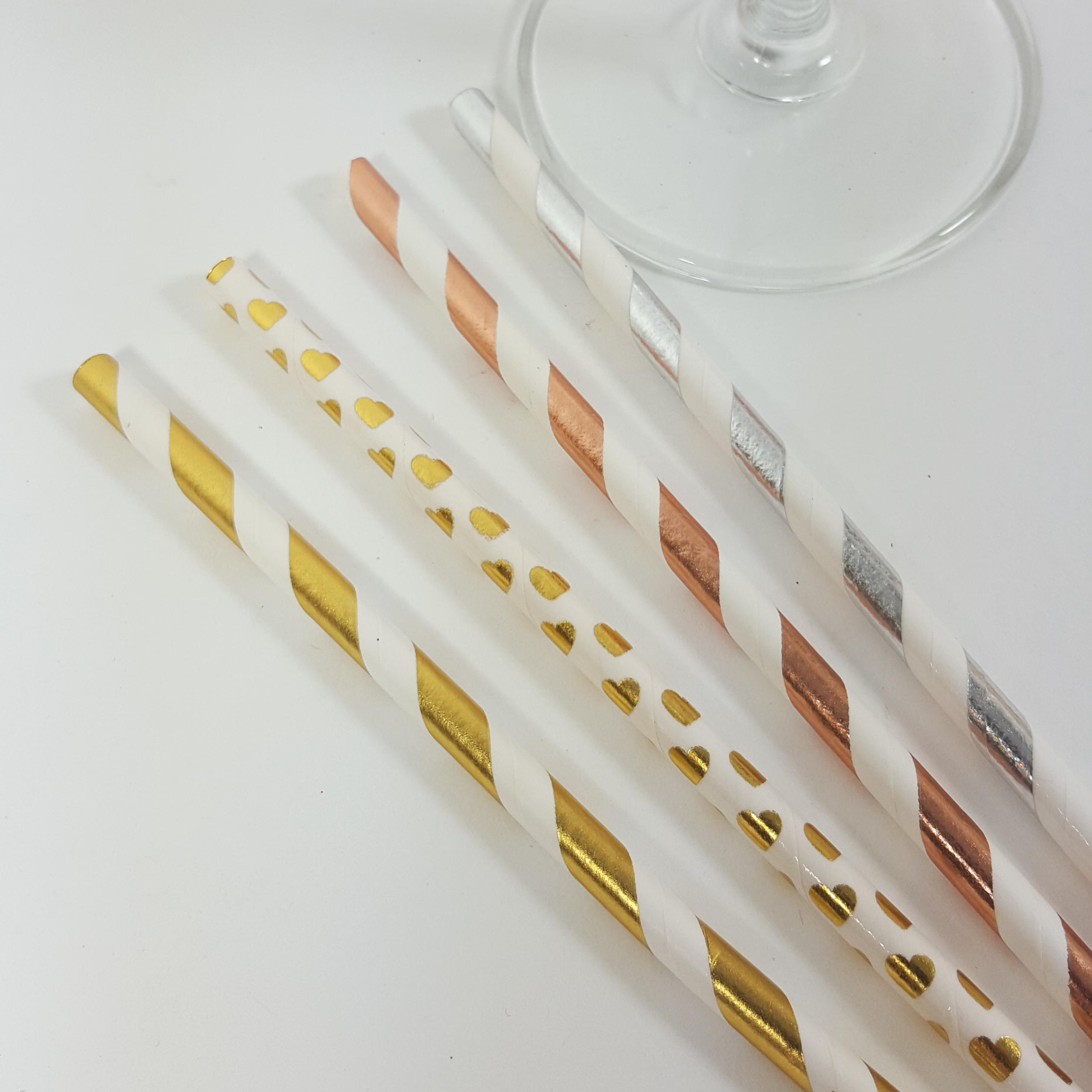 Metallic straws. gold stripe, rose gold and silver and gold hearts