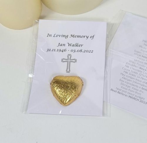Funeral favour sweets with cross and chocolate gold heart