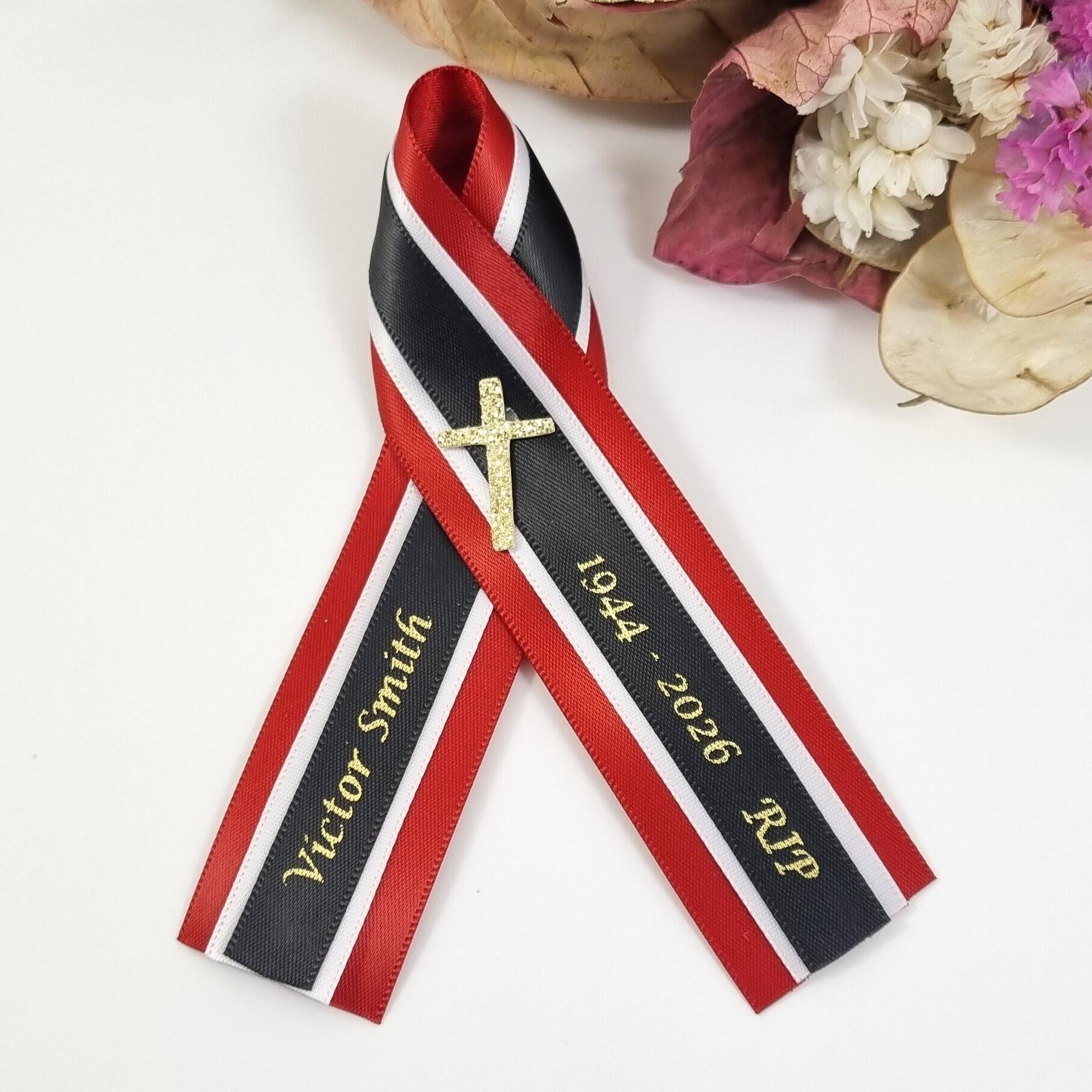 Funeral Layers THREE Layer Personalised Ribbon Funeral Memorial Ribbons. Satin Ribbon ...