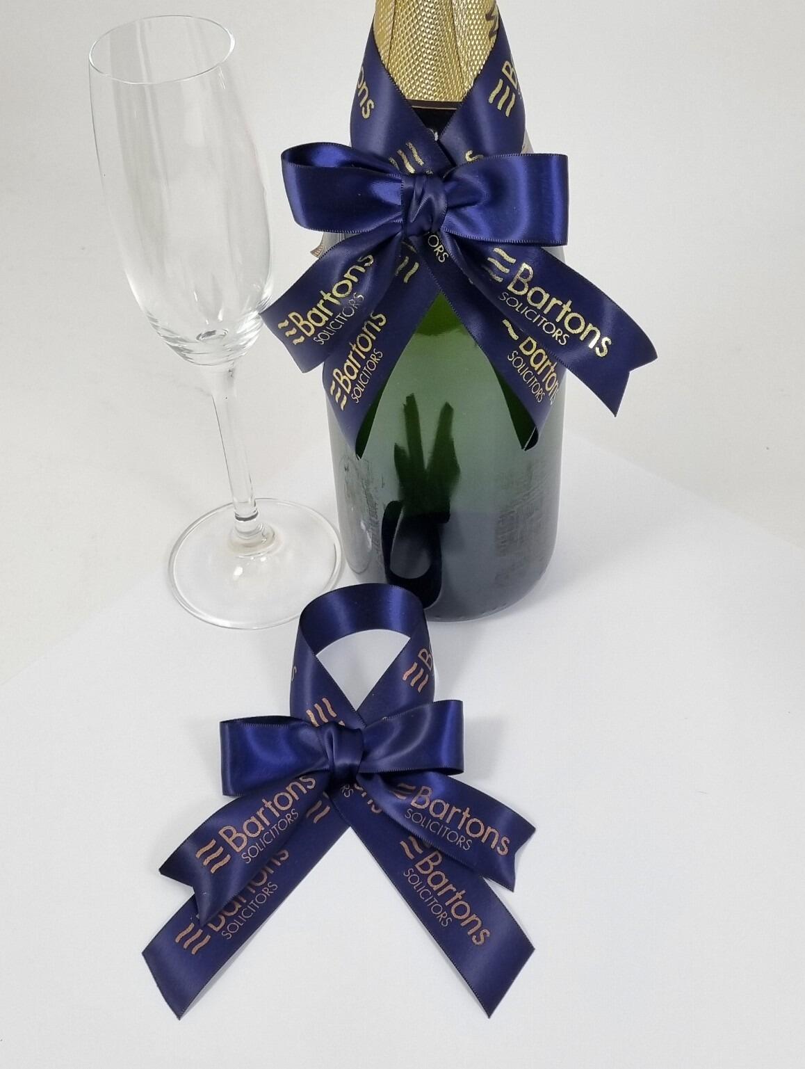 Navy blue and gold printed personalised bows with logo for bottles