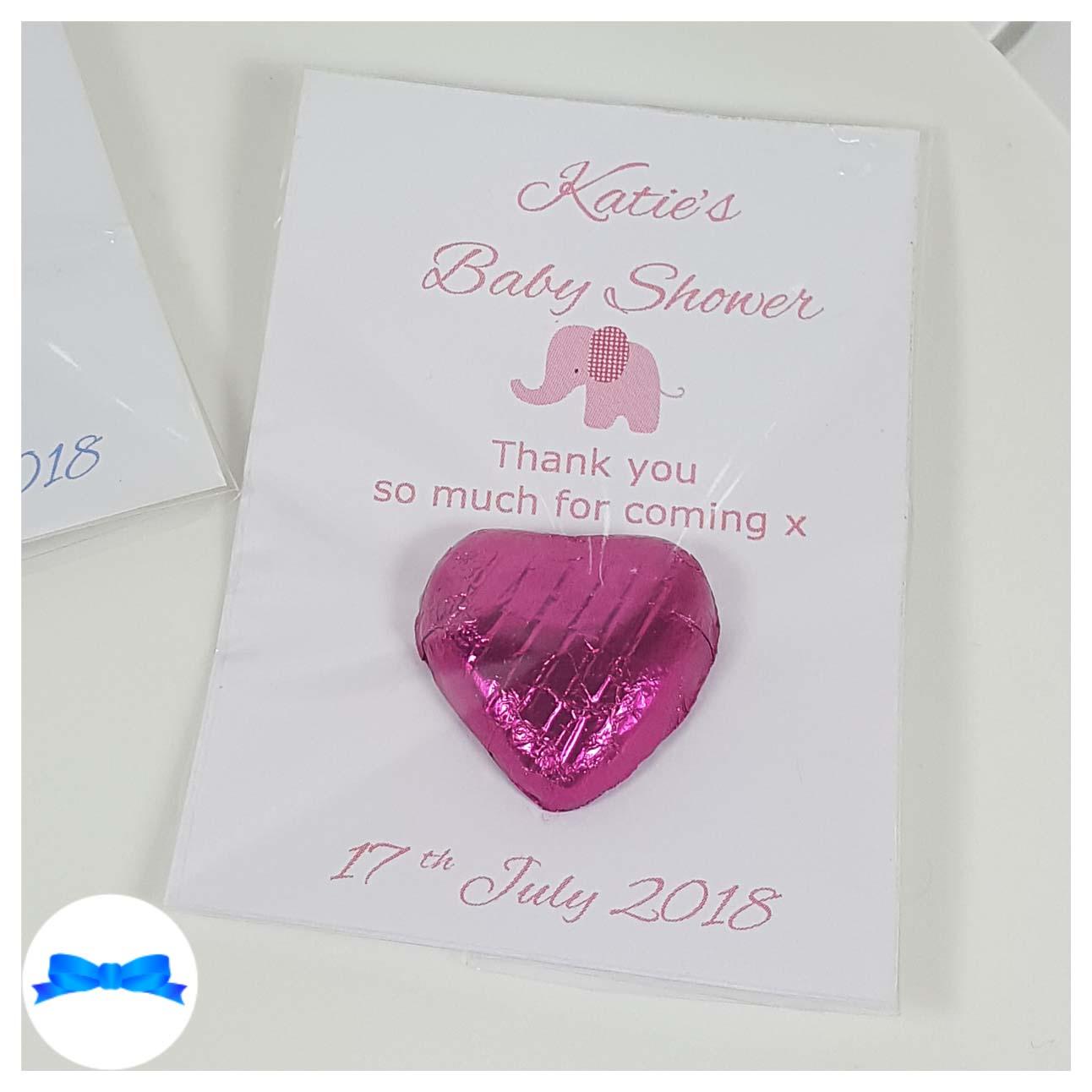 Baby shower chocolate heart favours with pink elephant