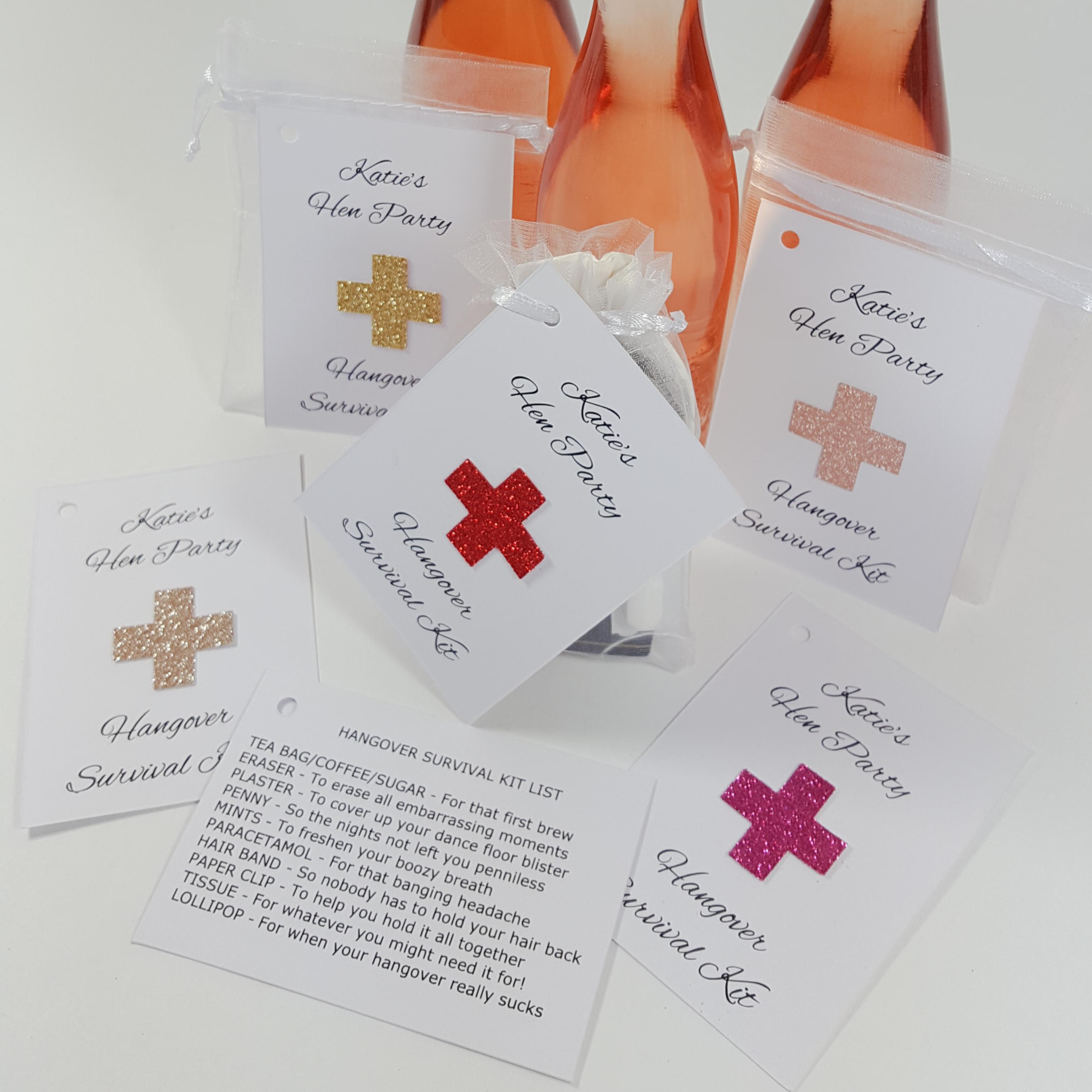 Personalised glitter hangover survival kit tags