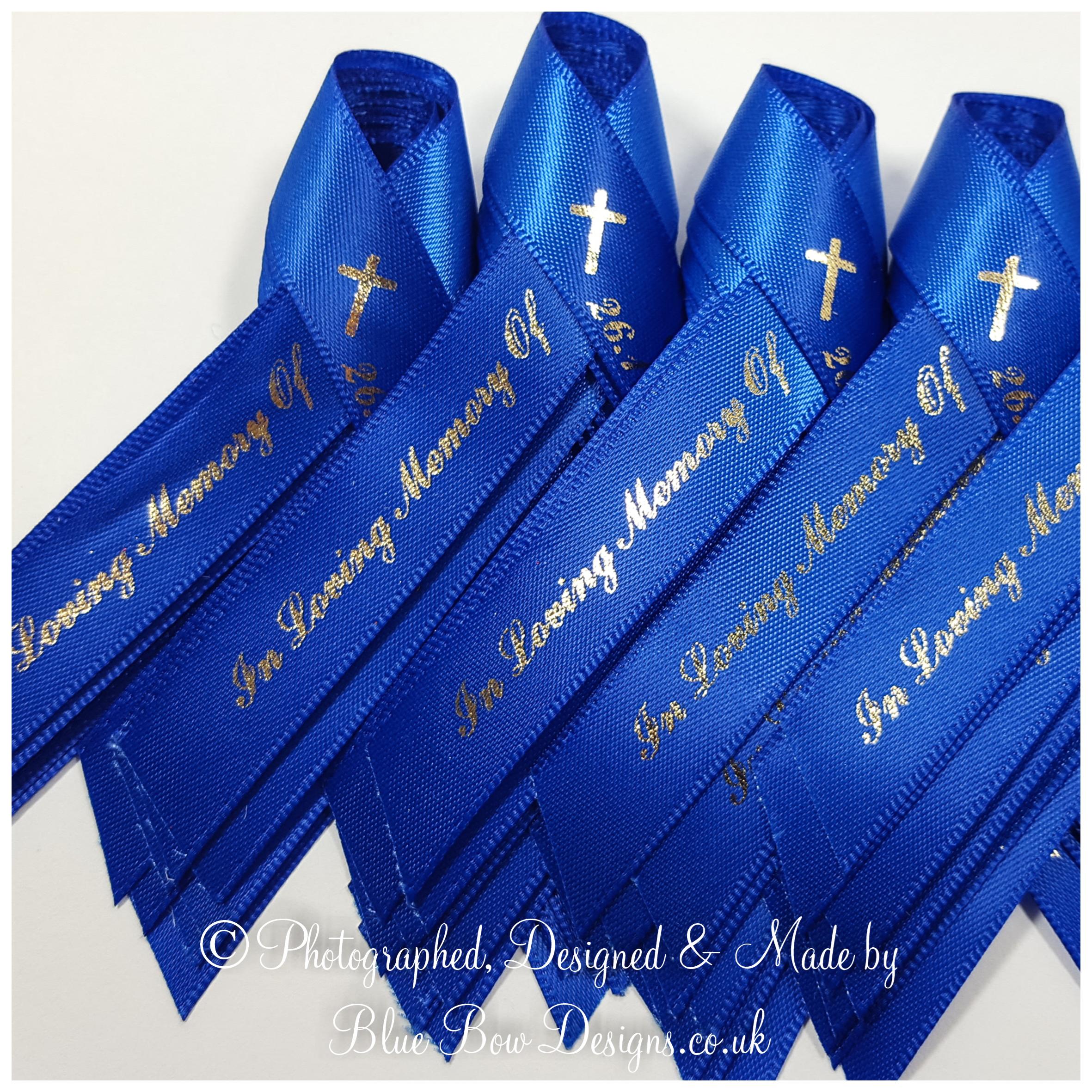 15 mm Royal Blue Funeral memorial ribbon with cross and silver print
