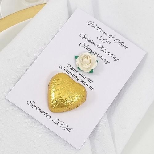 Golden wedding anniversay favor gold with white paper tea rose