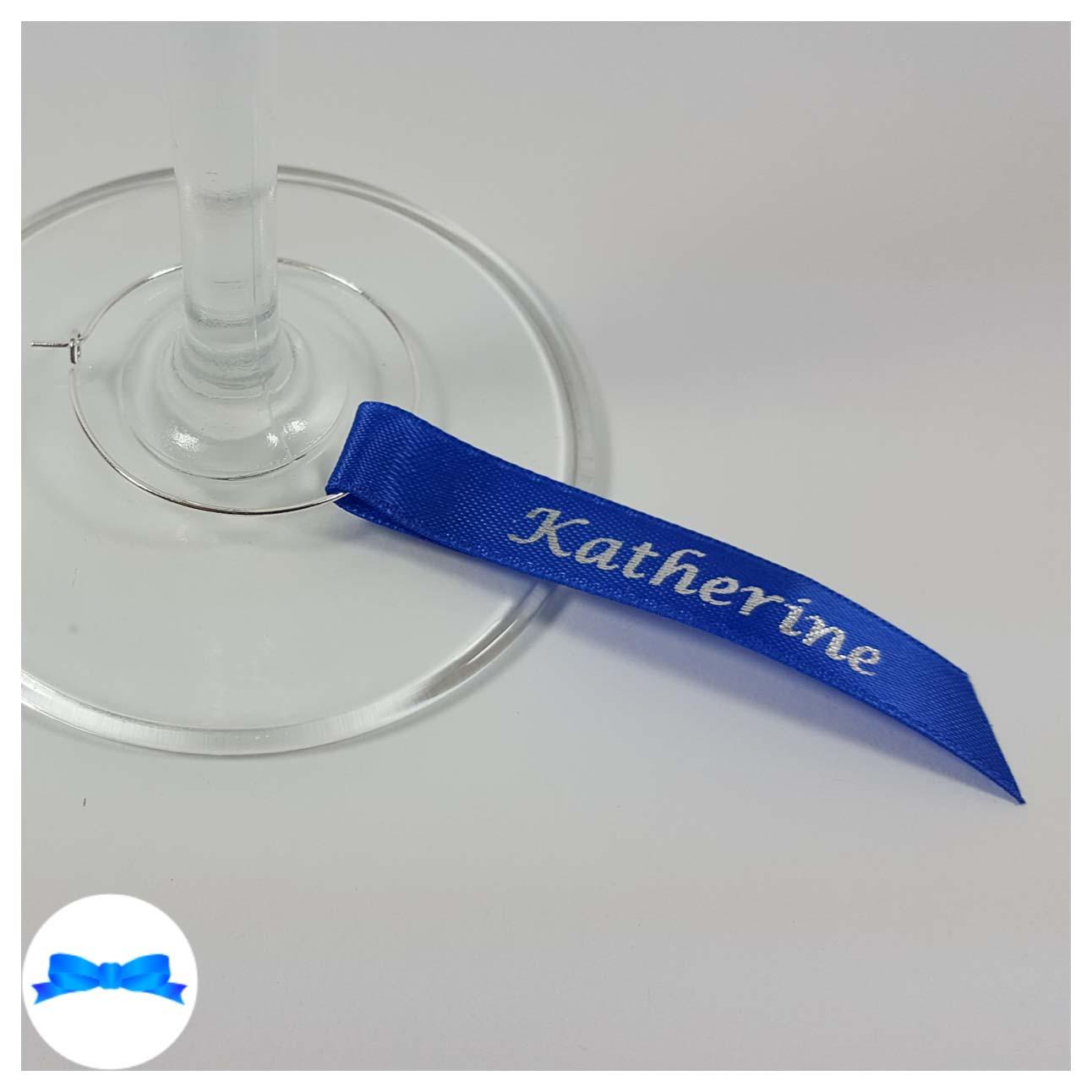 Royal blue and silver wine glass charm guest name ribbon