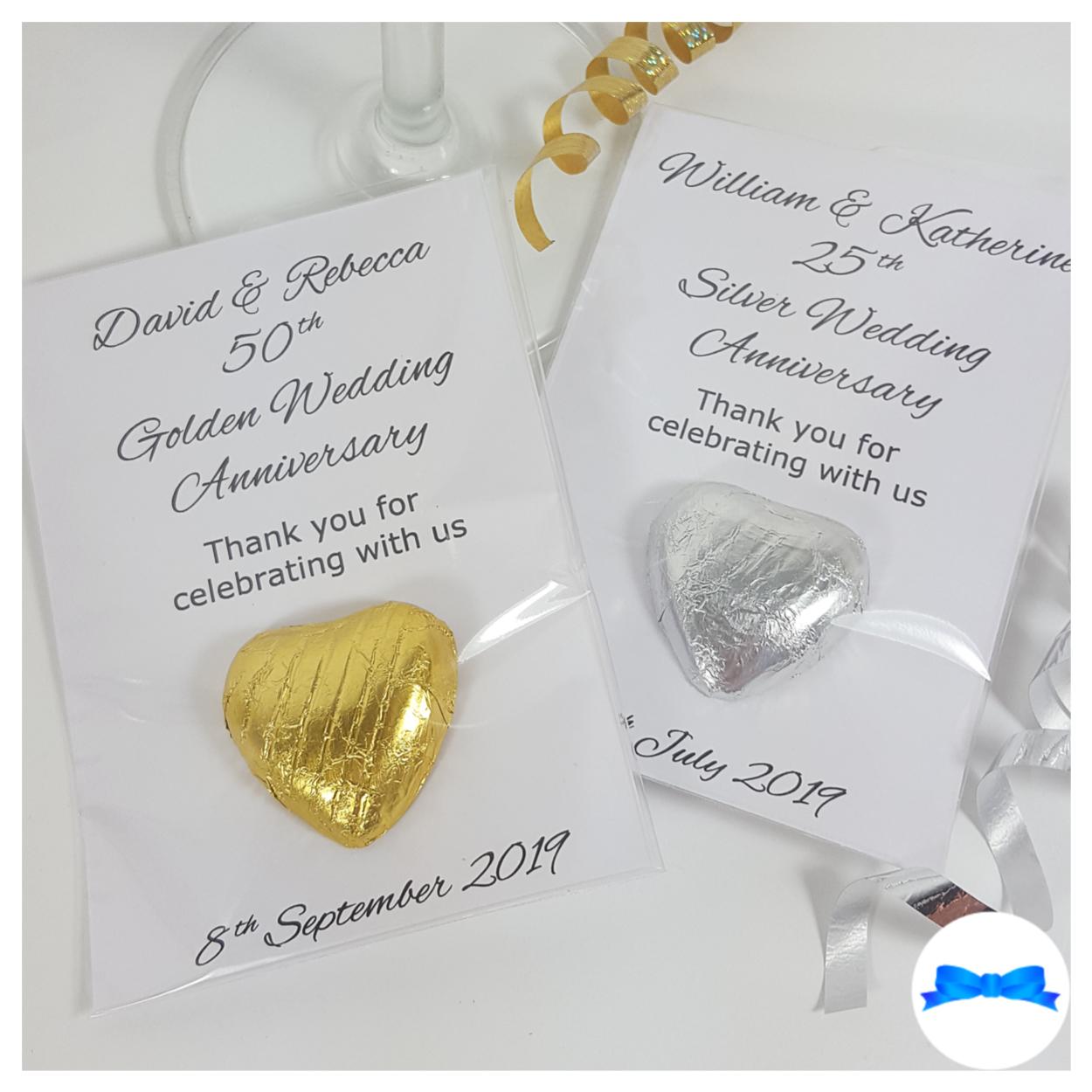 50th Golden and 25th Silver wedding anniversary personalised favours with gold or silver hearts