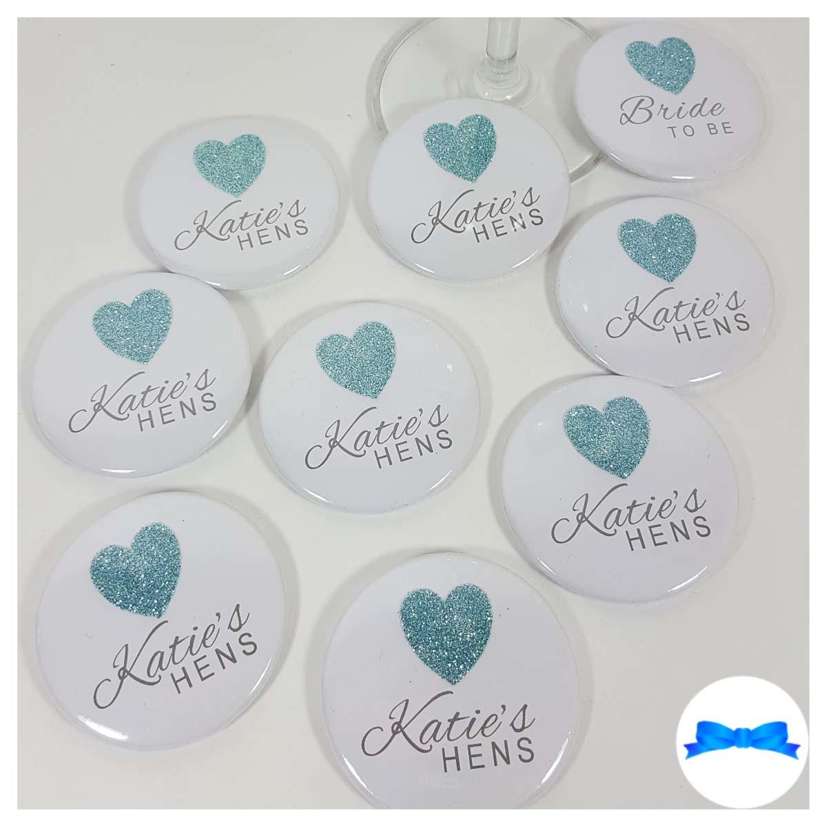 Personalised hen party badges with real blue sparkly glitter