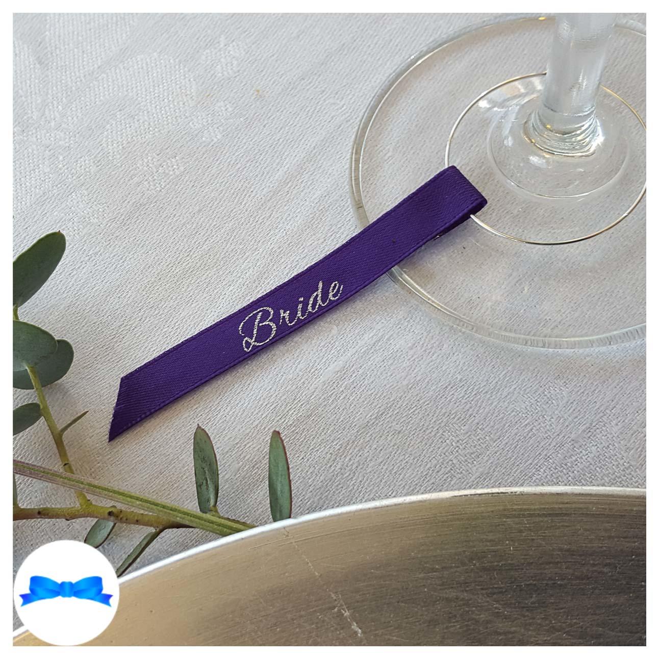 Regal purple and silver wine glass charm guest name ribbon