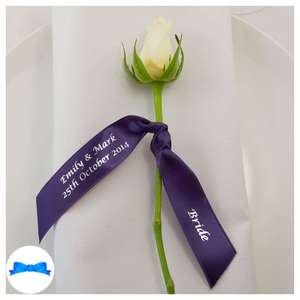 Printed ribbon for Place setting. Regal purple  ribbon and silver print. Napkin decoration
