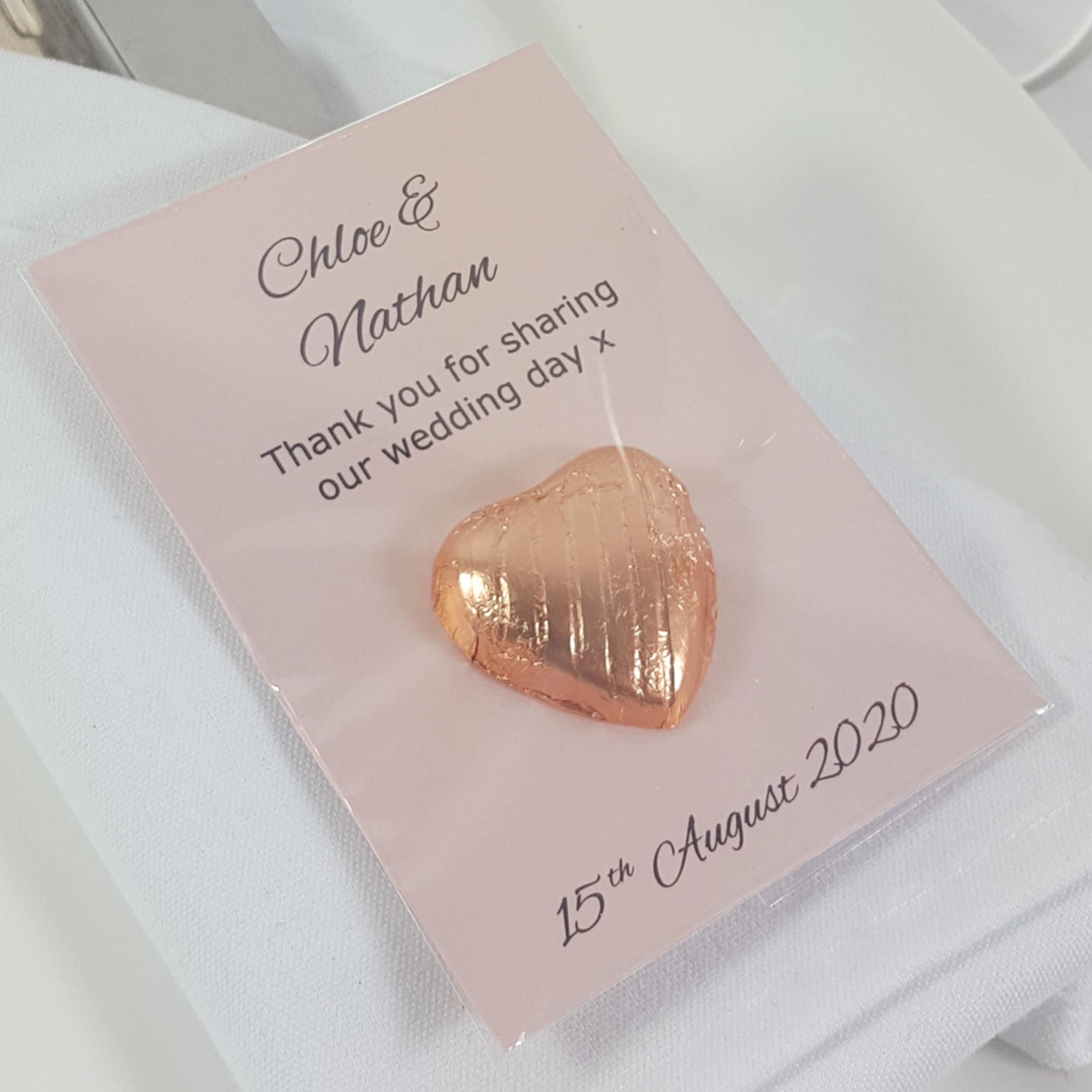 Rose gold chocolate  heart wedding favours on rose gold card