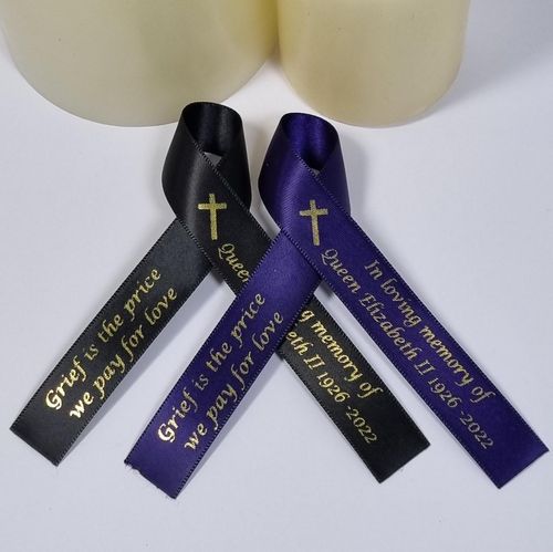 Black and purple Funeral favours Queen Elizabeth II memorial ribbons