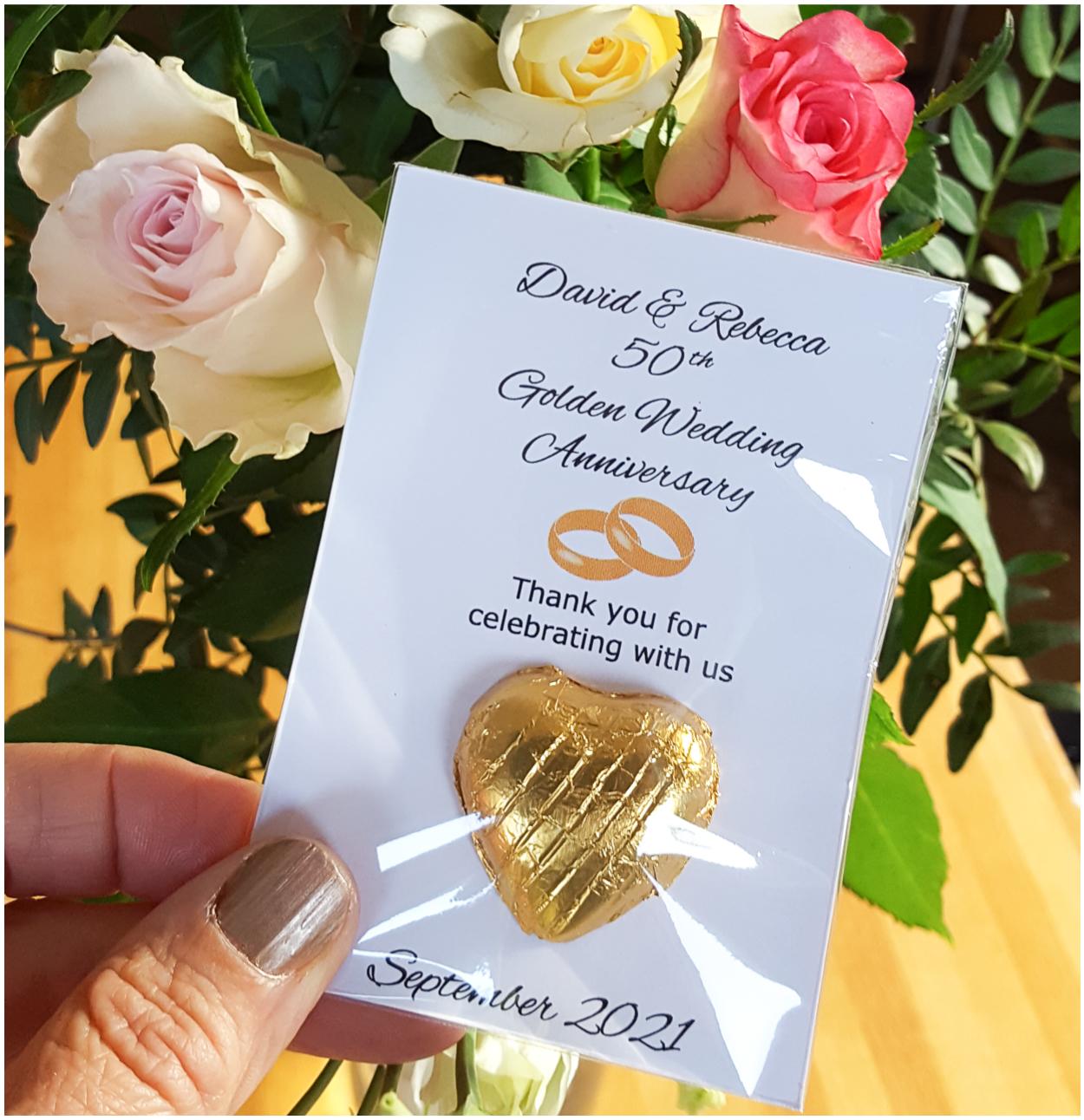 Golden anniversary chocolate heart favours