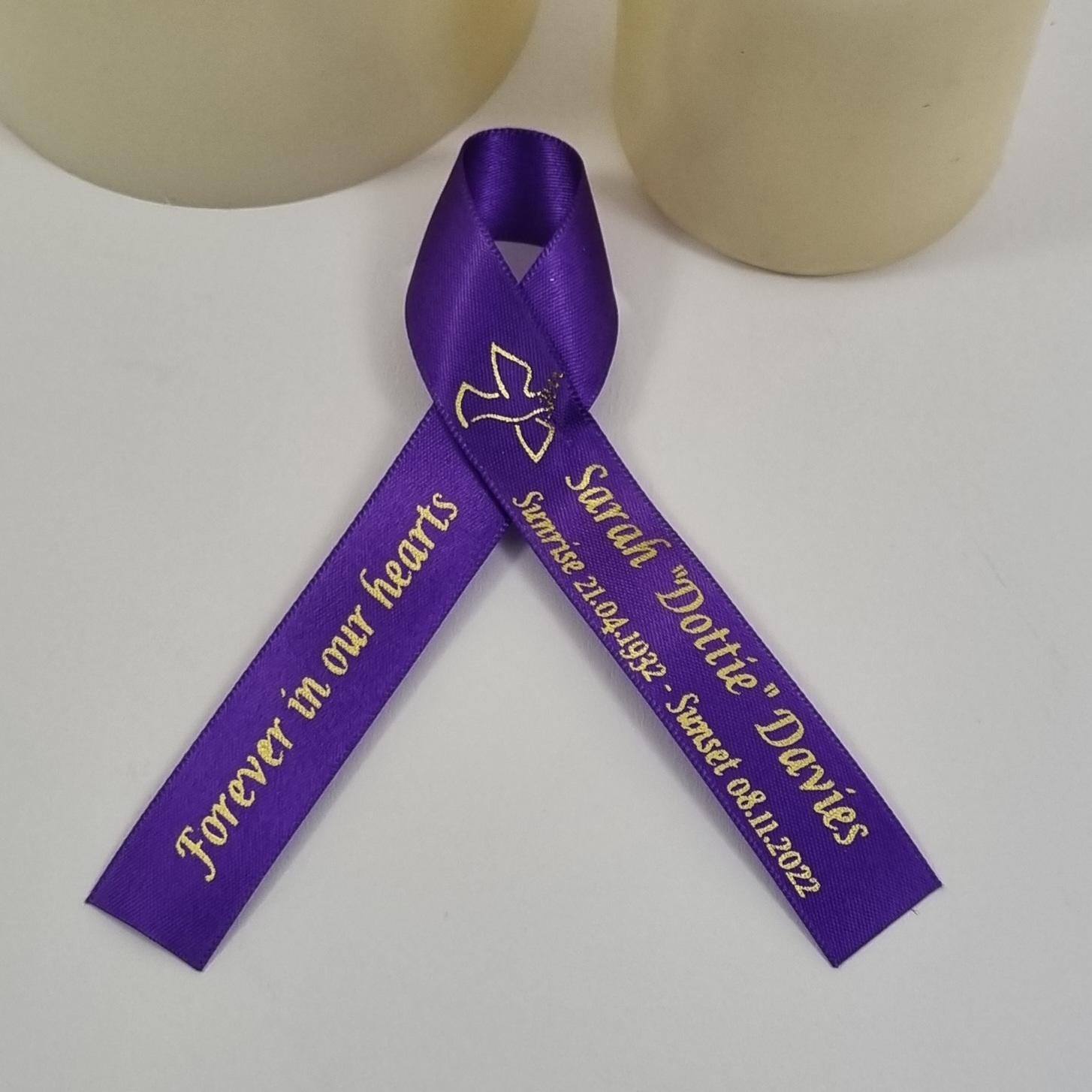 Purple funeral ribbon with gold printed dove