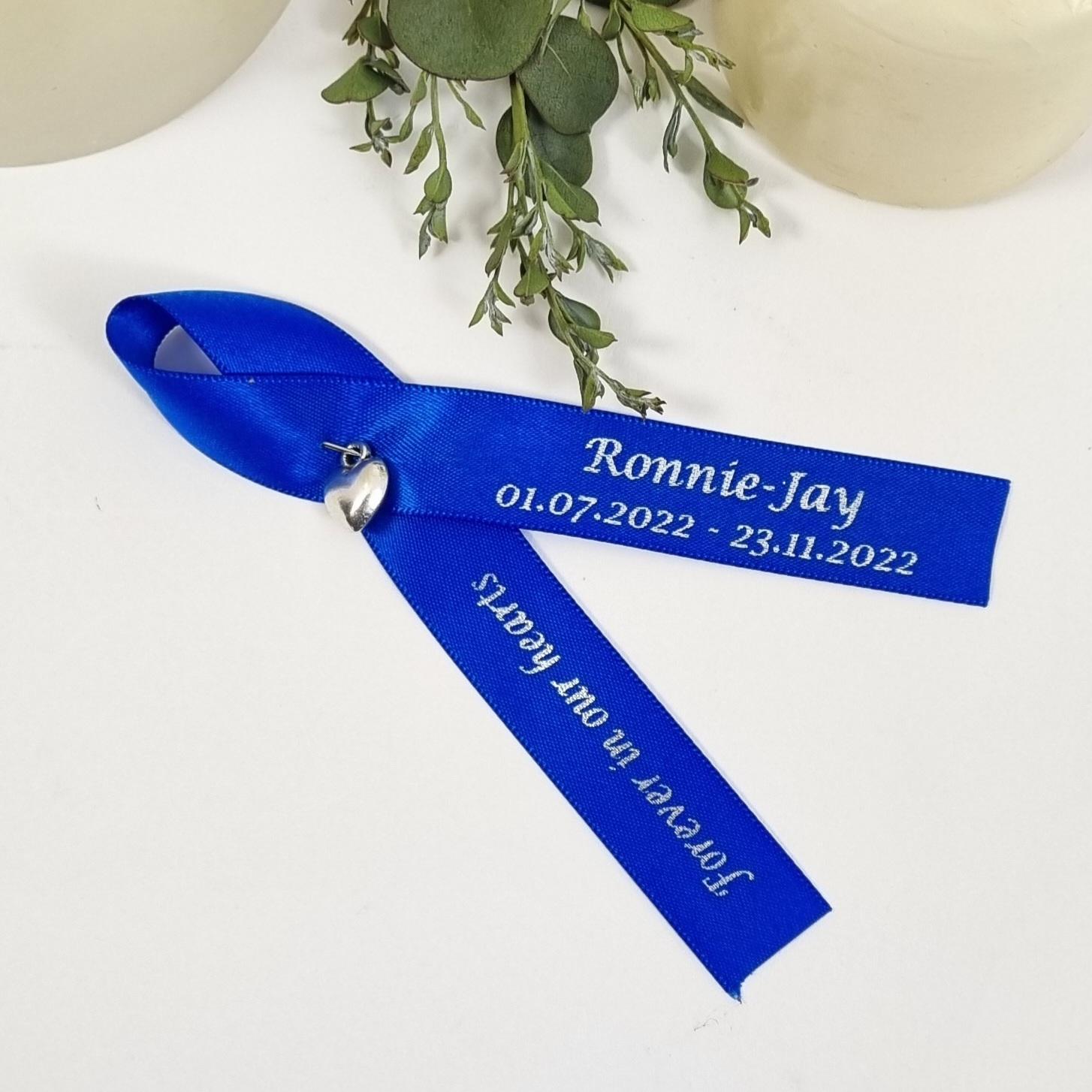 Heart Shape Personalised Funeral Favours. Funeral Memorial Ribbon