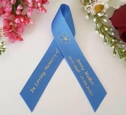 Blue Forget me not funeral ribbons. Alzheimer's Dementia Memorial Ribbon
