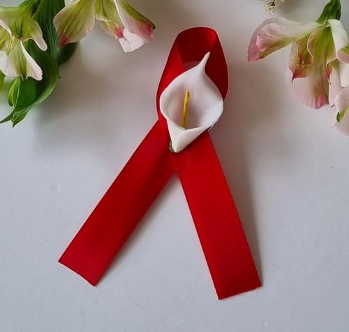 Red Satin Memorial Ribbon with lily