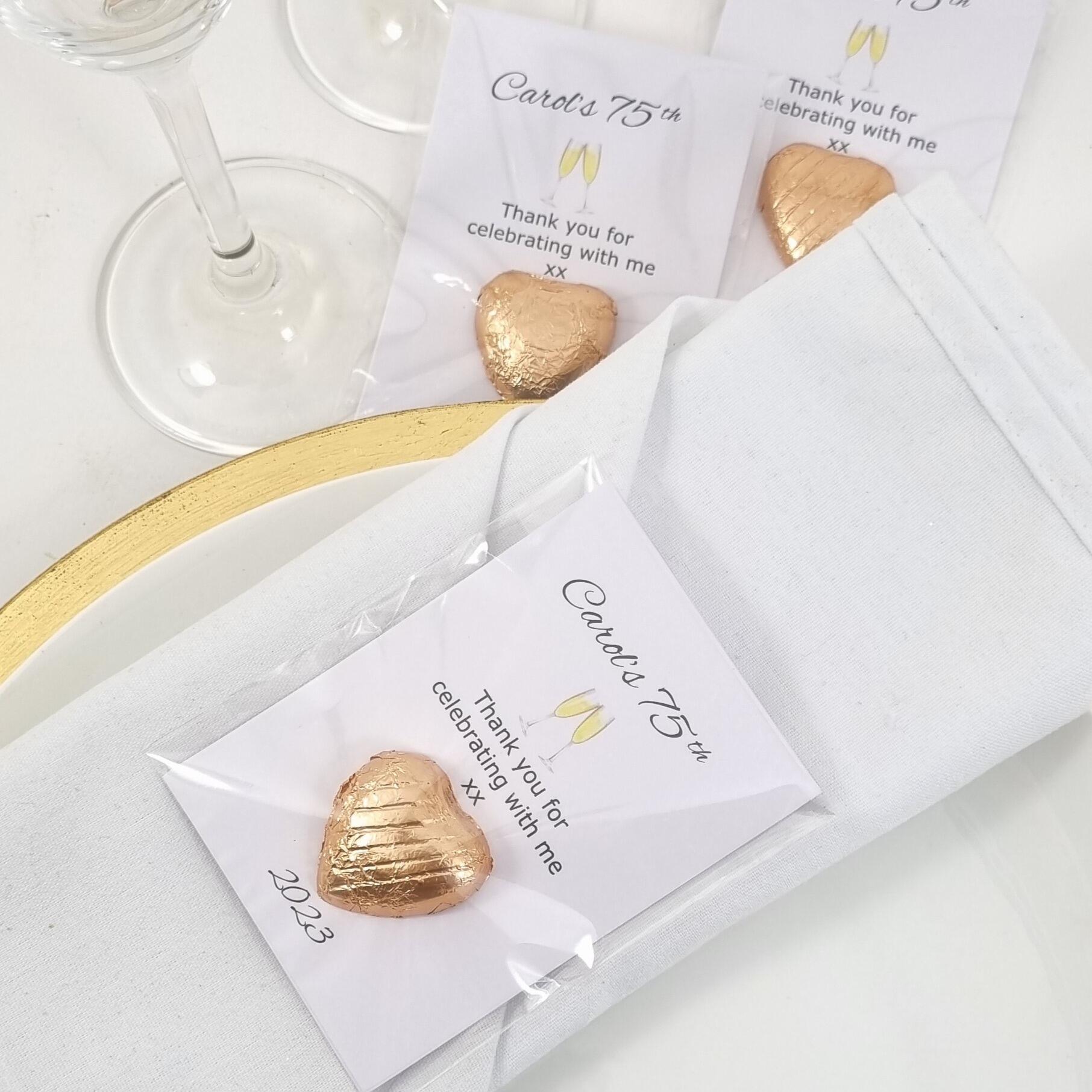 Gold Birthday party favours with Champagne glasses artwork