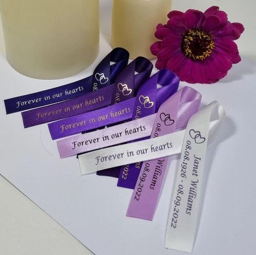 Funeral Favours. Purple Memorial ribbons