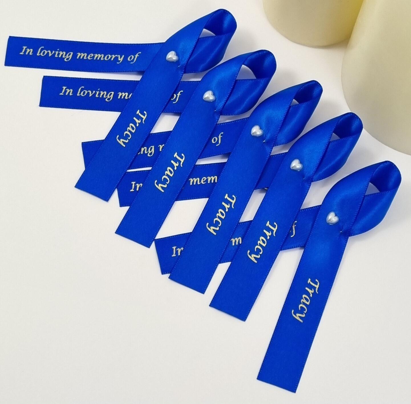 Royal blue funeral favour ribbon with added pearl hearts
