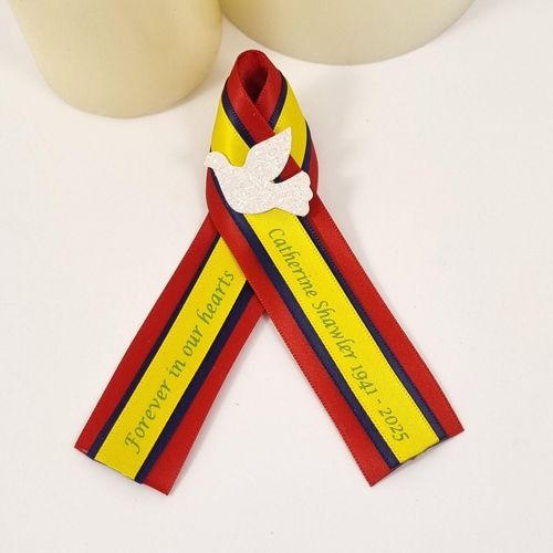 Dominican republic funeral ribbons Red, navy blue, yellow white dove and green print on the yellow ribbon