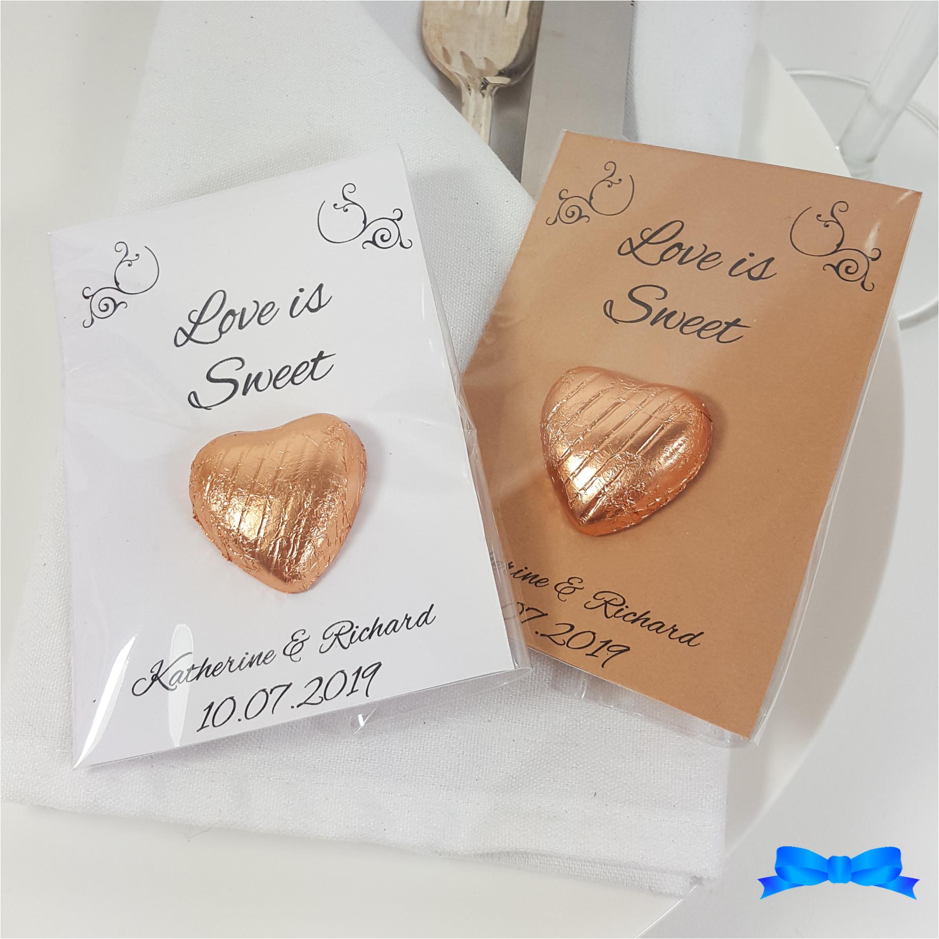 Love is sweet personalised wedding favour chocolate hearts