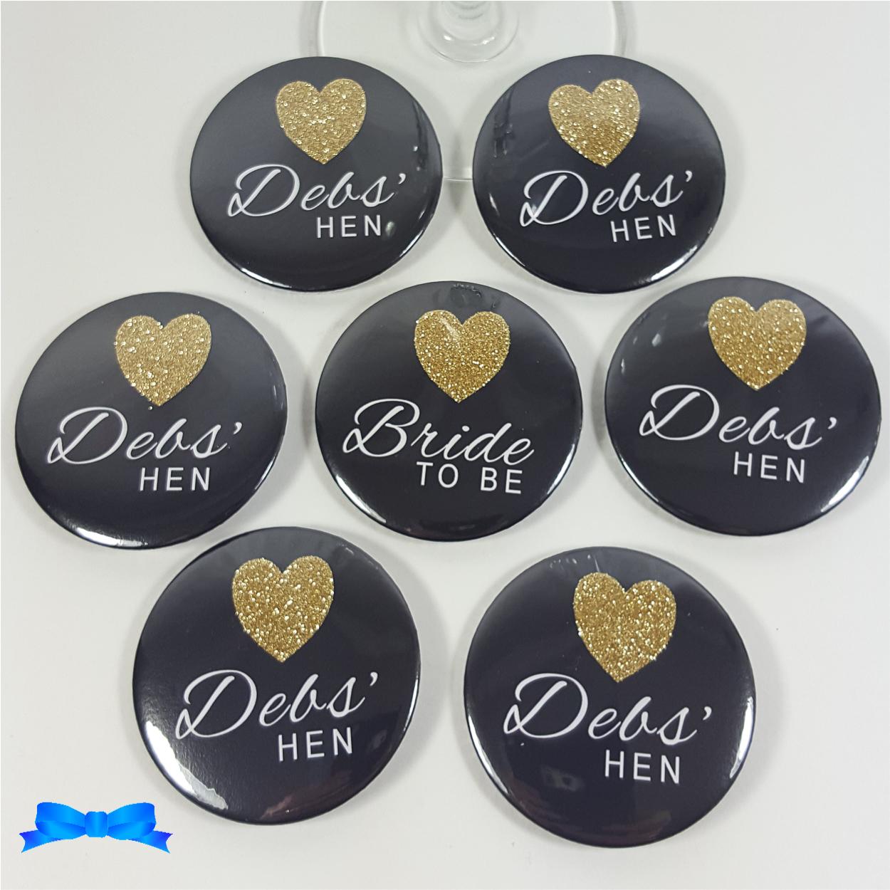 Black hen party badges with gold glitter