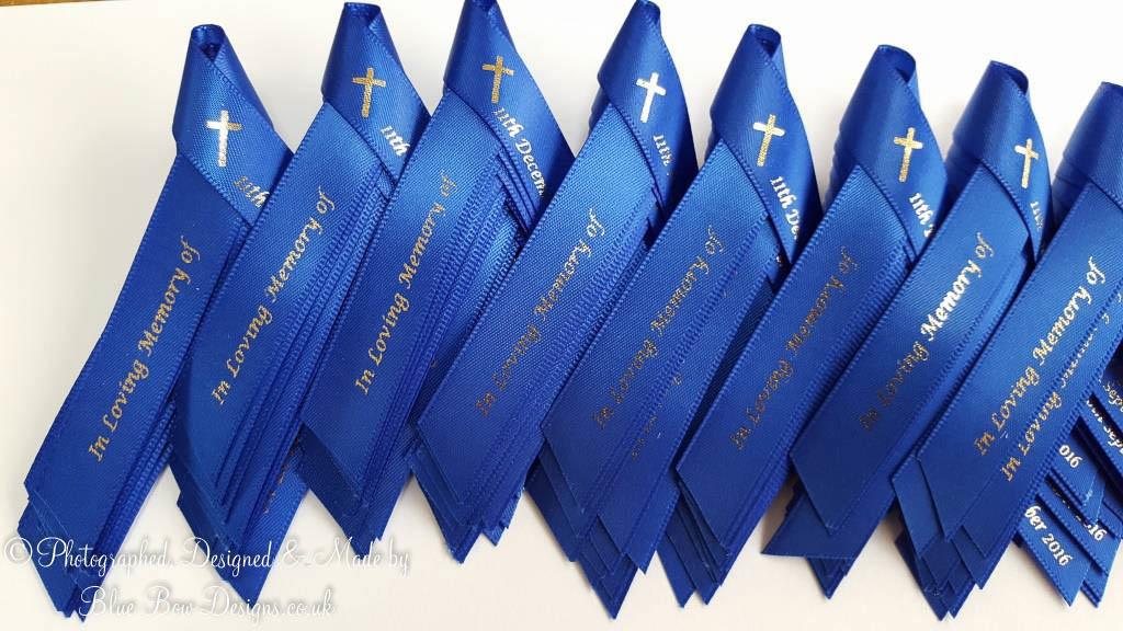 15 mm Royal Blue memorial ribbon with cross and silver print