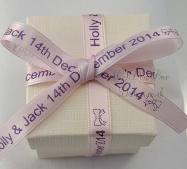 pink personalised ribbon on favour box