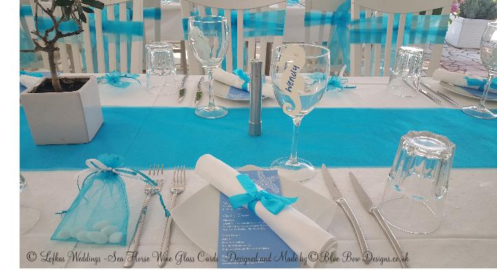 Ivory linen seahorse wine glass place card beach theme wedding