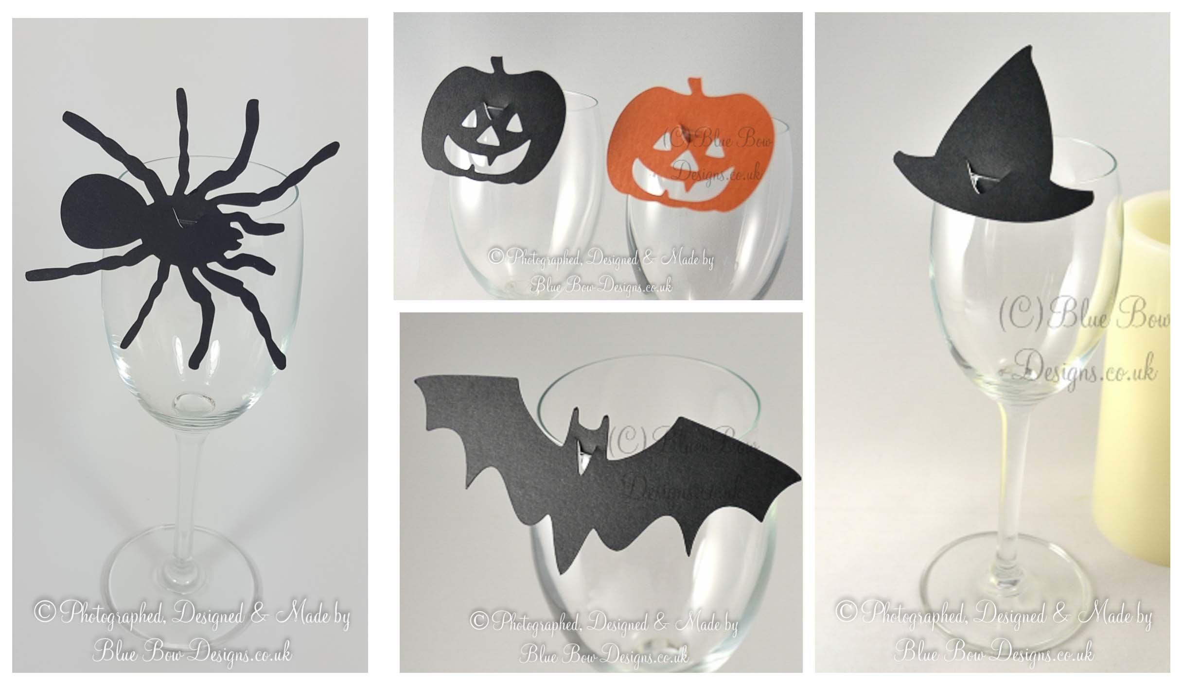 Pumpkin, witches hat , spider and bat wine glass place cards