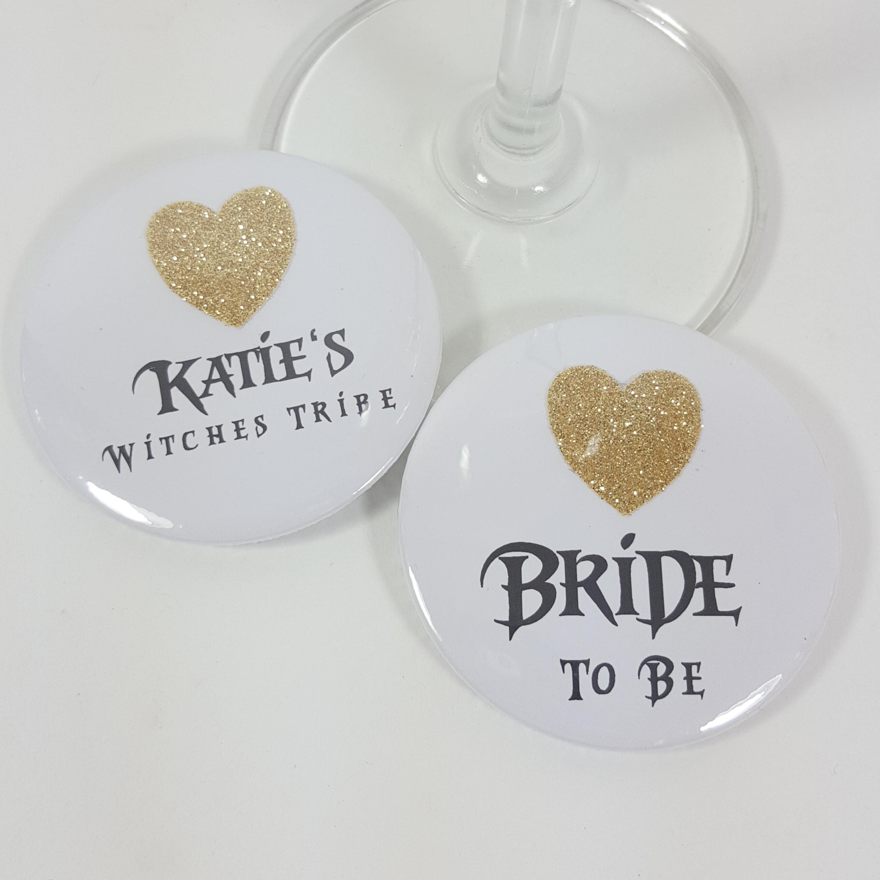 Witch and wizard hen party glitter badges