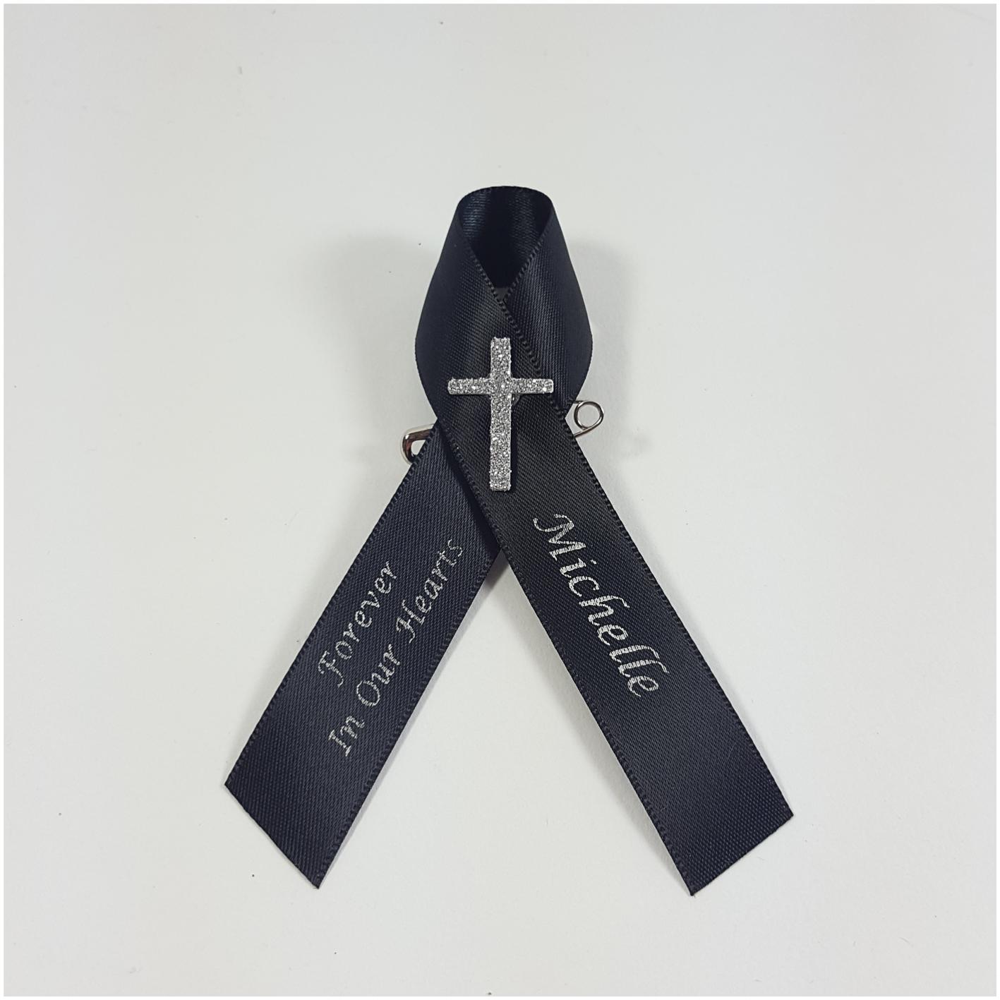 Black memorial ribbon with cross