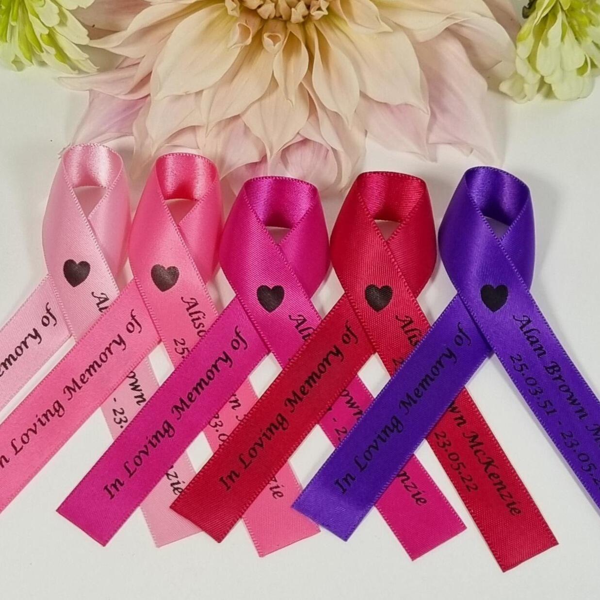 Pink Memorial ribbons. Pink Funeral favours. Purple funeral ribbons
