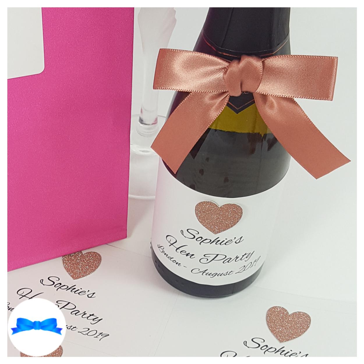 Personalised mini bottle stickers rose gold glitter hearts