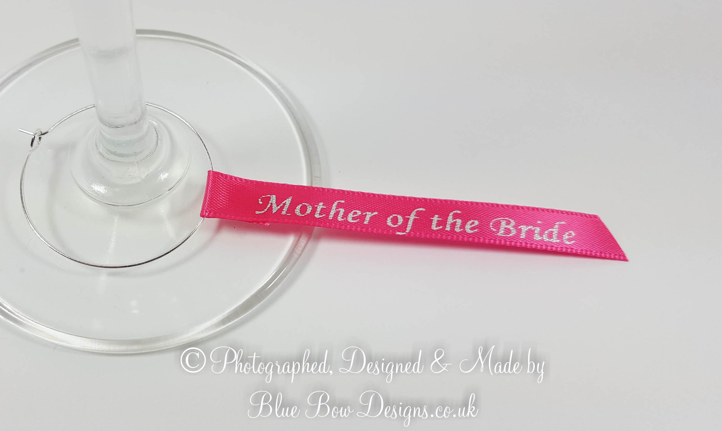 Fuchsia beauty silver wine glass charm guest name ribbon