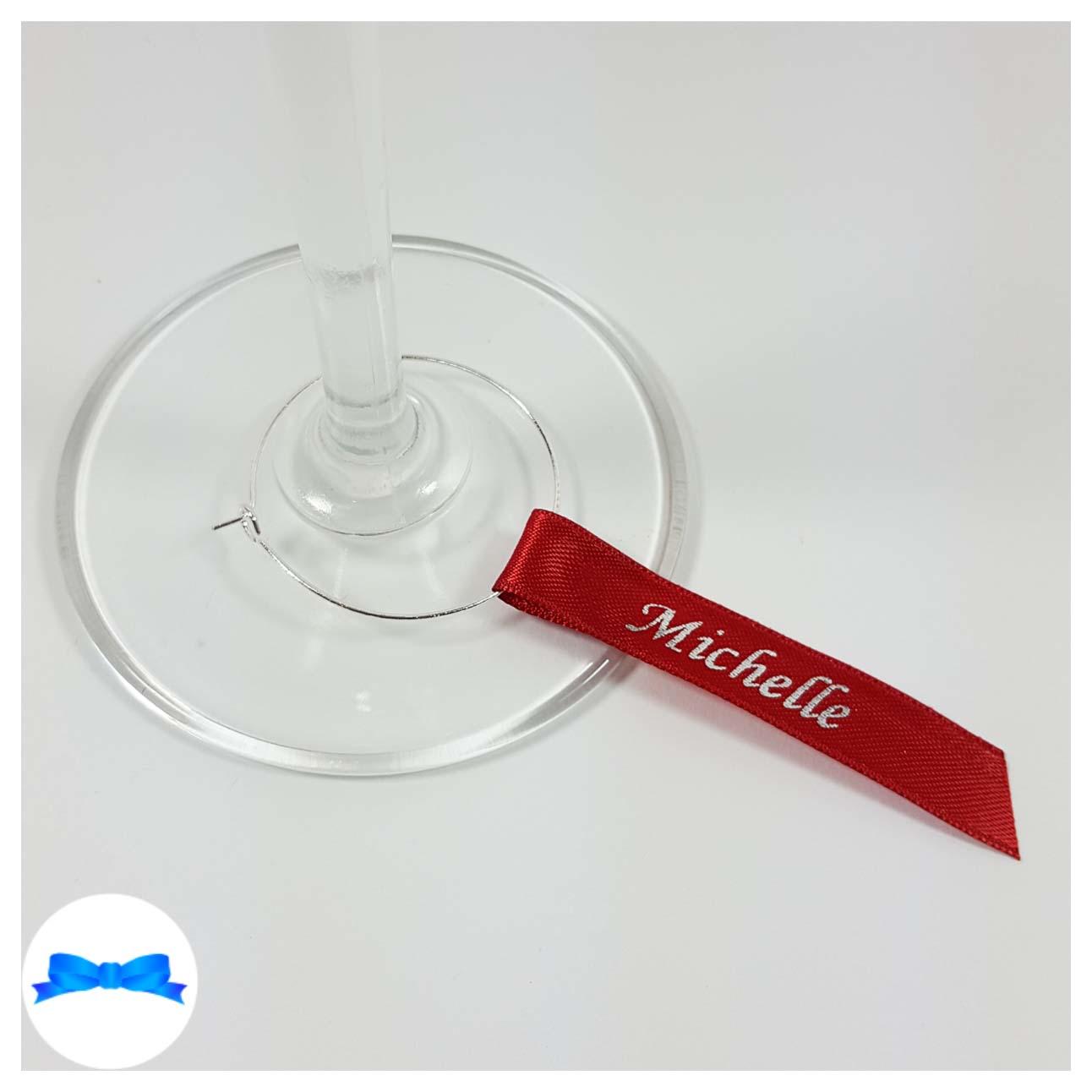 Red silver wine glass charm guest name ribbon