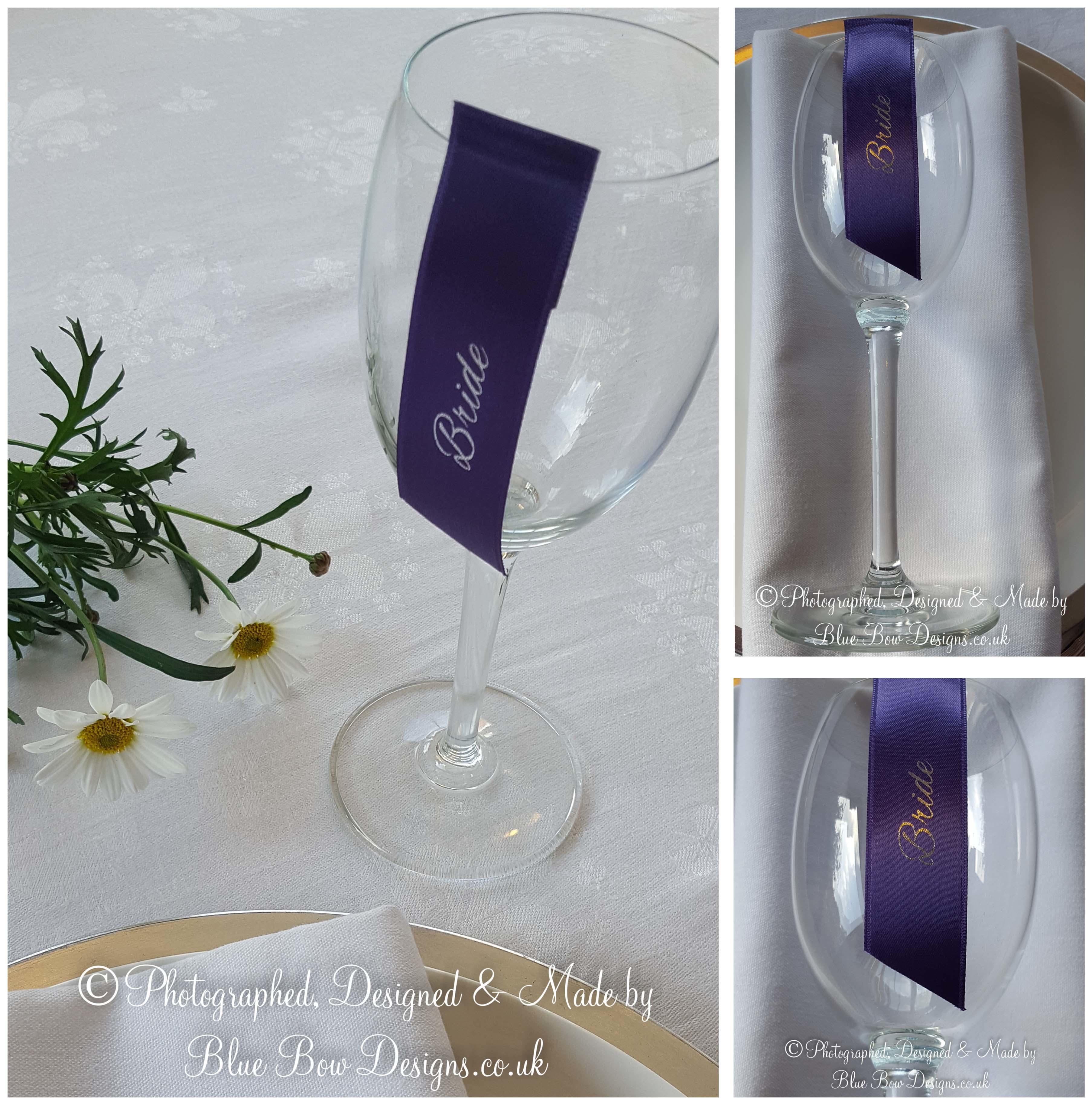 Guest name wine glass ribbons purple and silver