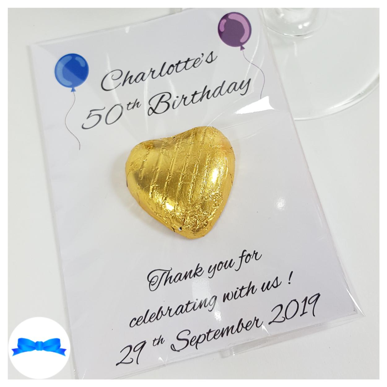 Gold  chocolate heart Birthday Party Favours Any age 50th, 60th, 70th, 80th, 90th, 100th