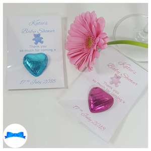 Baby shower chocolate heart favours with pink and blue teddy bears