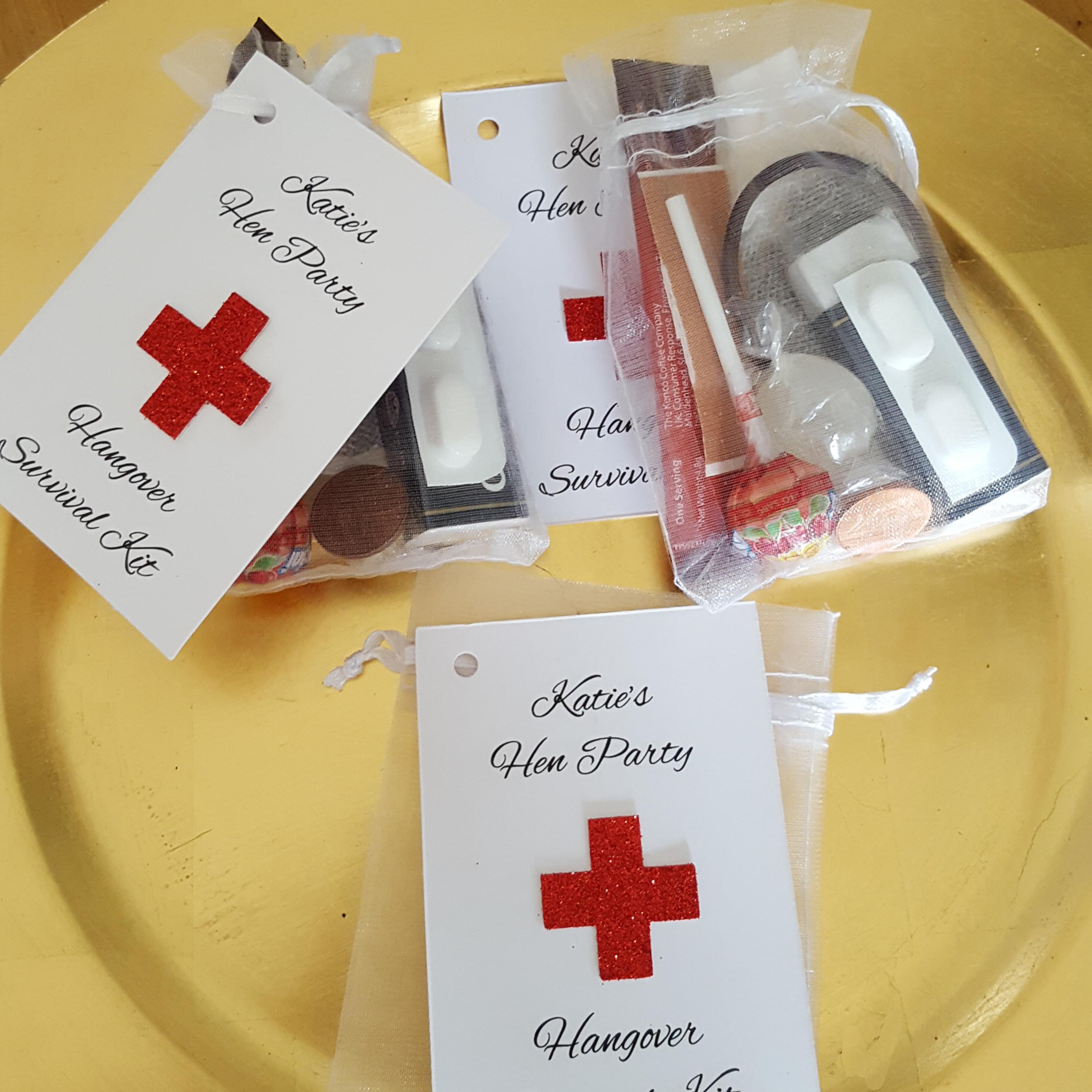 Example of what can fit inside your bags - Personalised  hangover survival kit tags