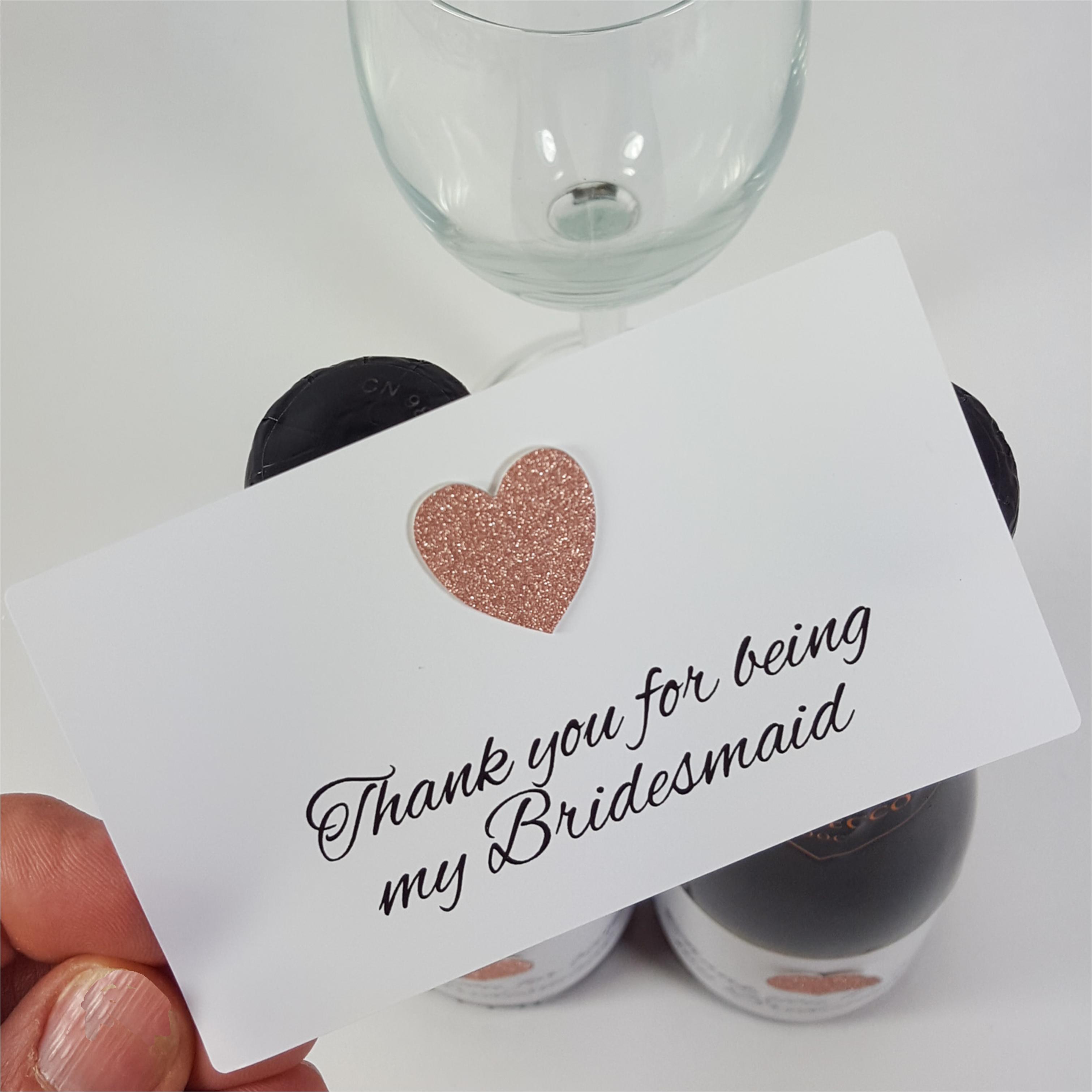 Rose gold glitter heart on Thank you bridesmaid mii wine bottle labels