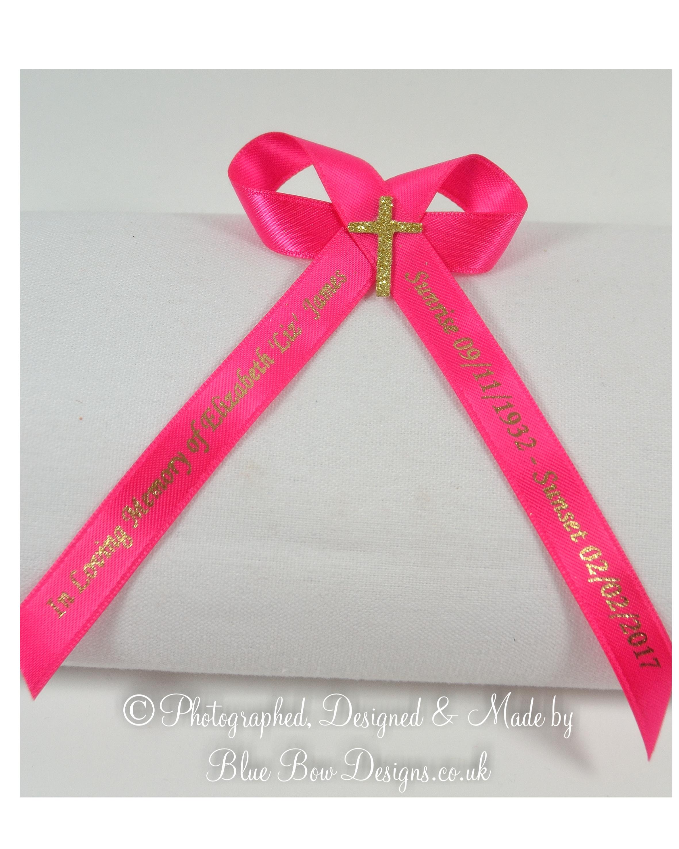 Fuchsia pink memorial ribbon with gold cross