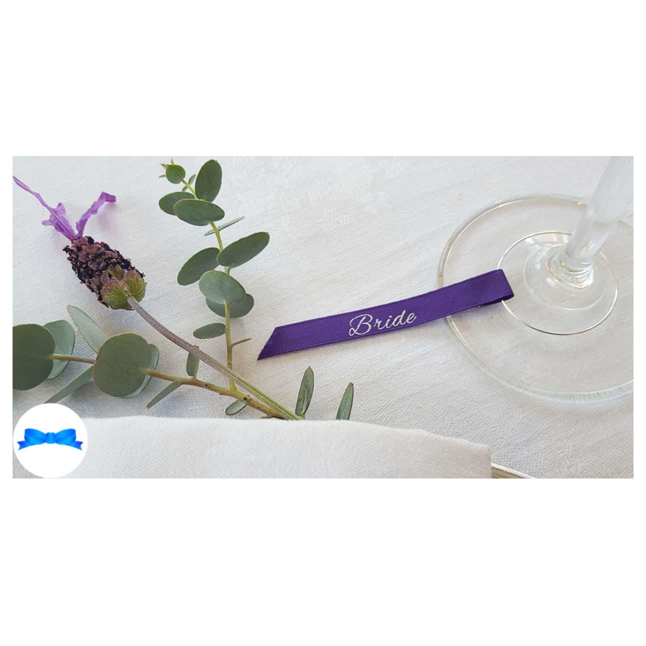 Regal purple and silver wine glass charm guest name ribbon