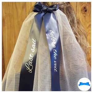 Last sail before the veil hen party veil navy blue ribbon and silver print