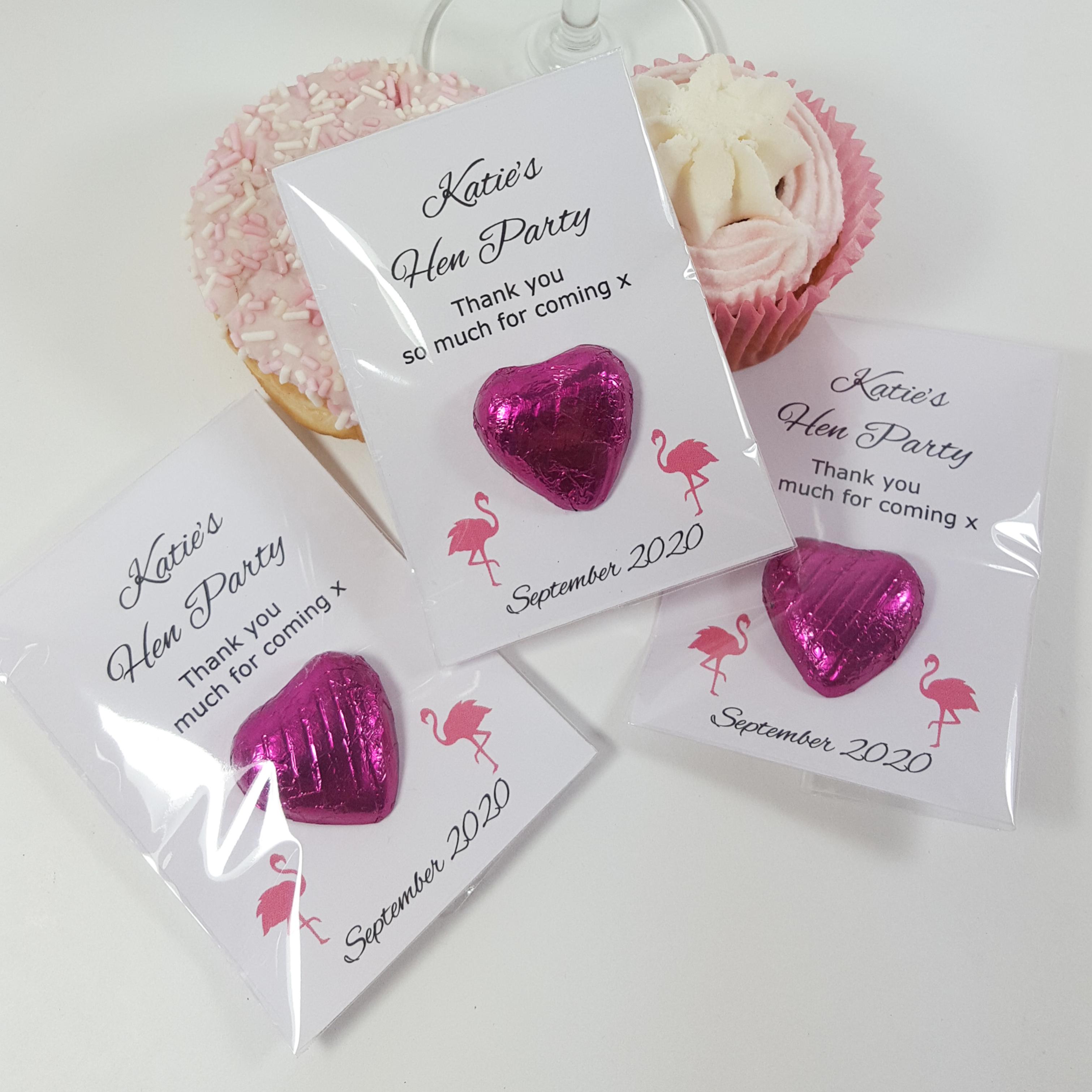 Flamingo hen party favours with pink hearts